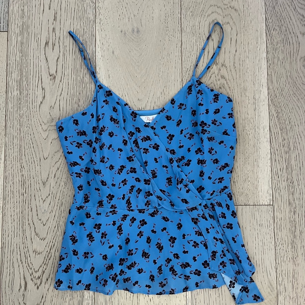 Parker Blue and Black Floral Peplum Top Size Small